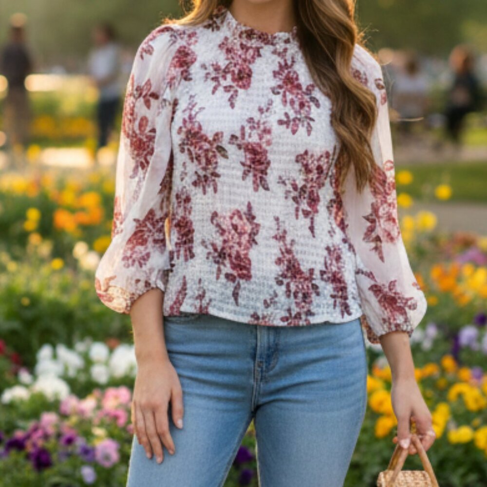 NWT Express Smocked Puff Sleeve Top Women X-Small Burgundy Floral Cottagecore